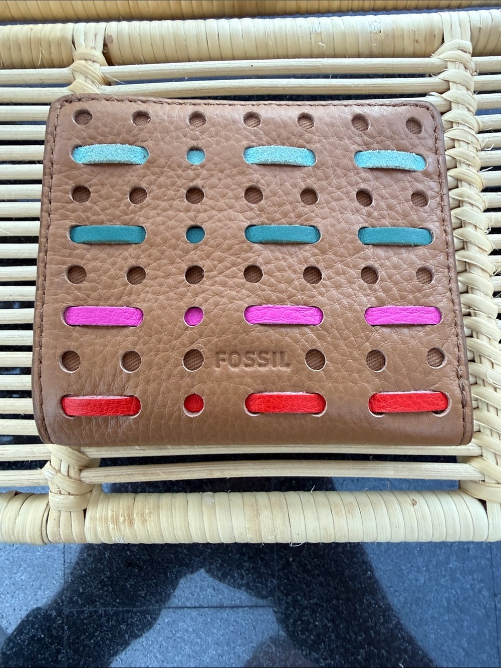 Fossil Brown Leather Wallet with Teal, Pink and Red Accents